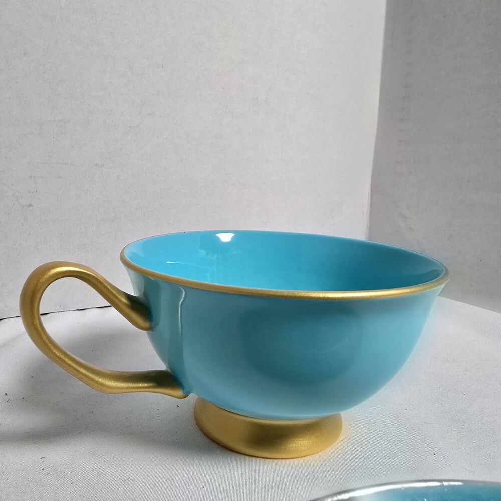 Shelley Gracie Fine Bone China Aqua Blue/Turquoise & Gold Teacup & Saucer + Box - Picture 7 of 16
